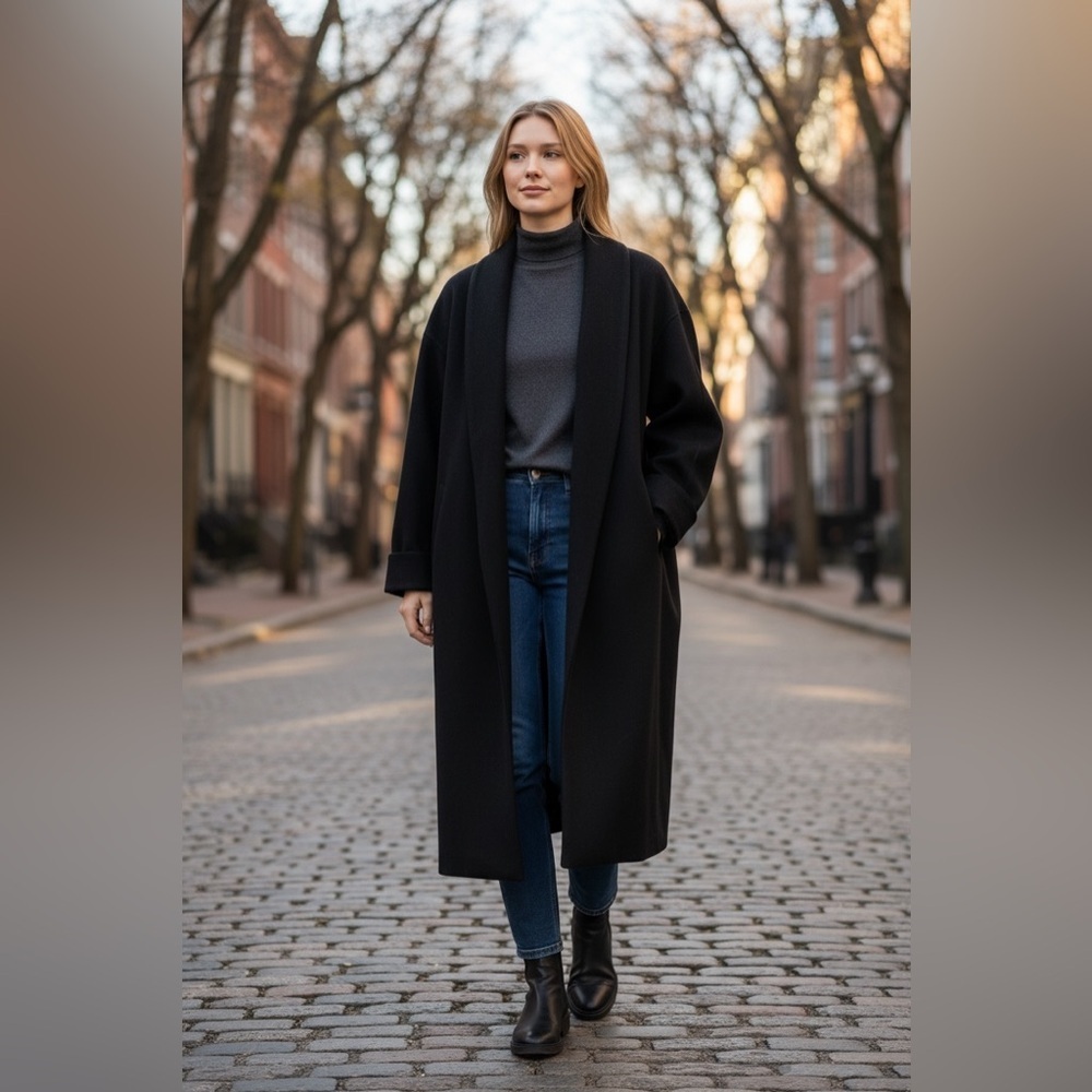 Vintage Samantha Taylor Black 100% Wool Long Coat Minimalist 90s Coat Size 12